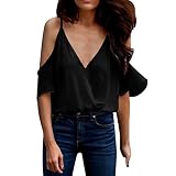 Yvelands Mode Damen Chiffon Bluse Schulterfrei Sommer Feste Riemchenrüsche Lässige T-Shirt Pullover Tops(Schwarz,CN-M)