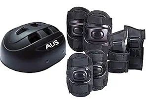 Alis Kids PVC Plastic 4 in 1 Injury Resistance Protective Gear Youth Knee Pads, Elbow Guard, Pair of Gloves, Helmet Safety Gears Set Combo for Roller Skates, Cycling, Biking , Sports (Black)