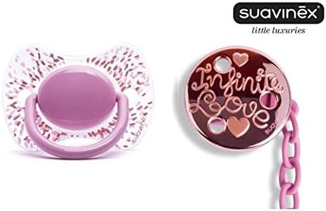 SUAVINEX "COUTURE" Nr.302288 - 1x Pacifier Soother Dummy + Soother Chain Physiological Silicone Teat/ PINK (4m+)