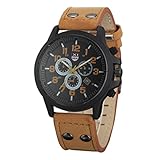 Rcool Edelstahl Uhr Vintage wasserdicht Datum Leder Armband Armee Quarzuhr Braun für Herren