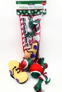 Christmas Stocking for Dogs. Pack of Squeaky Newspaper Toy, Squeaky Boot Toy, a red, Green and White Tennis Ball and a red, White and Green Cotton Knotted Rope.