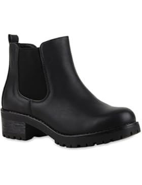 Stiefelparadies Damen Stiefeletten Chelsea Boots mit Blockabsatz Profilsohle Plateau Vorne Flandell