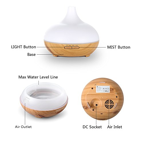 Aroma Diffuser,DIKI Ultraschall Ätherisches Öl Diffusor Luftbefeuchter Holzmaserung Duftzerstäuber Düfte Humidifier Aromatherapie Duftöl Diffusor 300ML mit 7 Farben LED Licht für Babies Persönlich Schlafzimmer Büro oder - 3