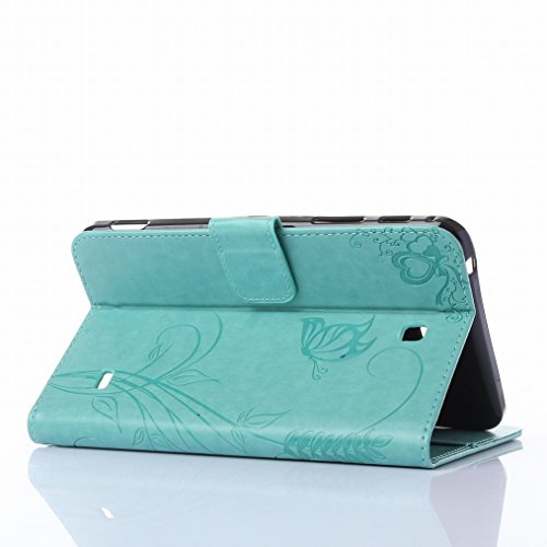 LEMORRY Samsung Galaxy Tap4 7.0 / T230 Hülle Unique Premium PU Flip Ledertasche Soft TPU Silikon Gummi Schutzhülle Schale Tasche Beutel Tasche Haut Card Stehen Bumper Magnetisch Schließung Rear Protection, Blume Schmetterling Drucken Grün - 5