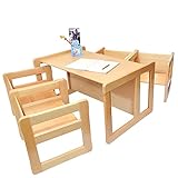 3 in 1 Multifunktionale Kindermöbel im Fünfer Set Bestehend Aus einem Multifunktionalen Kindertisch oder Kindersitzbank und vier Multifunktionale Kinderstühle oder ein Multifunktionales Nest von fünf Couch- Beistelltischen für Erwachsene, aus Massivem Buchenholz Natur Lackiert