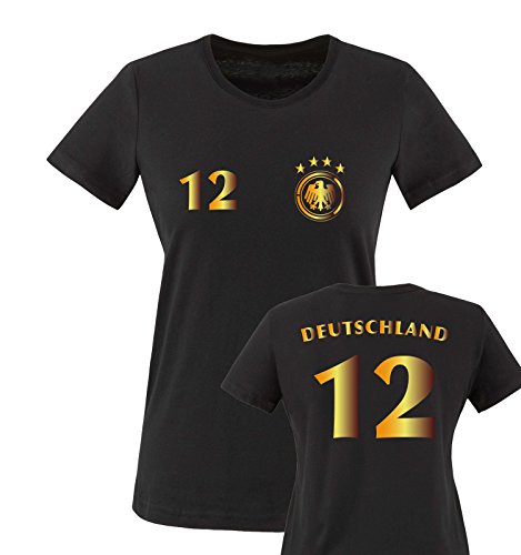 EM 2016 – TRIKOT – DEUTSCHLAND – 12 – Damen T-Shirt – Schwarz / Gold Gr. XS