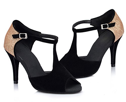 Honeystore Women's T Strap Glitter Heel Latin Dance Shoes Black 3.5 UK