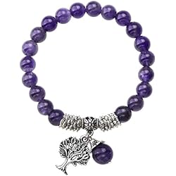 Jovivi 8mm-Bracelet en Pierre Améthyste Perles d'Energie Pierre Précieuse Extensible Elastique Tibétain Bouddhiste avec Pendentif Arbre de la Vie