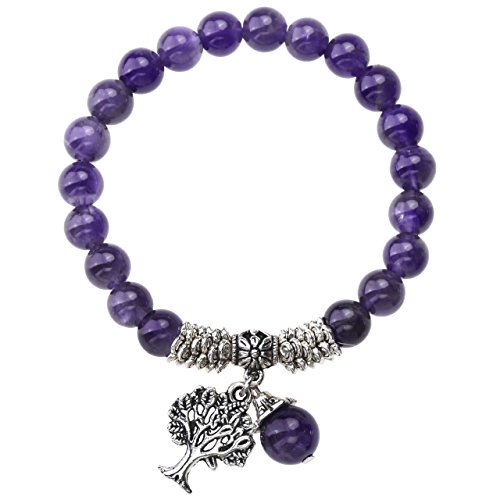 Jovivi 8mm-Bracelet en Pierre Améthyste Perles d'Energie Pierre Précieuse Extensible Elastique Tibétain Bouddhiste avec Pendentif Arbre de la Vie