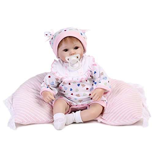Nicery Reborn Baby Doll Renacer Bebé la Muñeca Vinil Simulación Silicona Suave 18 Pulgadas 45cm Boca Magnética Natural Niña Niño Juguete vívido para 3 años + Blanco Bib Almohada Ojos Abiertos