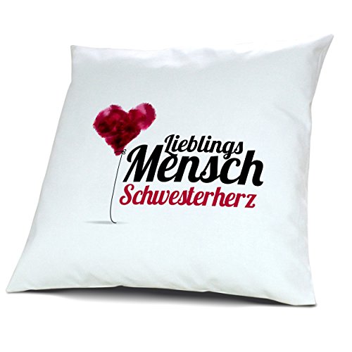 Kopfkissen mit Namen Schwesterherz - Motiv "Lieblingsmensch", 40 cm, 100% Baumwolle, Kuschelkissen, Liebeskissen, Namenskissen, Geschenkidee