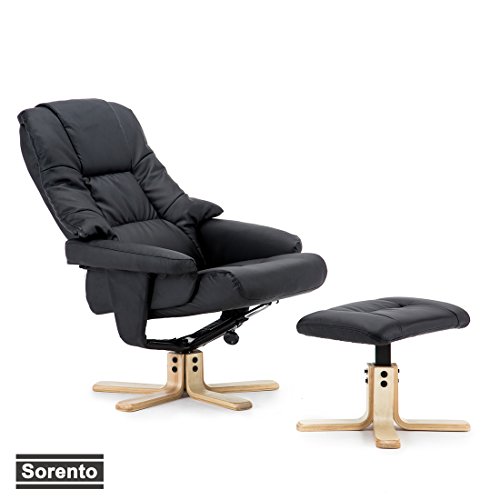 SORENTO LEATHER BLACK SWIVEL RECLINER ARMCHAIR CHAIR with FOOT STOOL