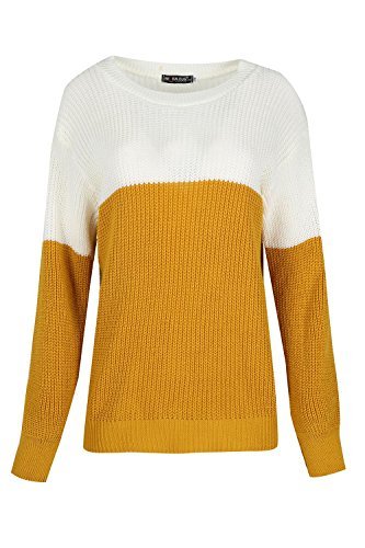 Womens Ladies Chunky Knitted Long Sleeves Round Neck Contrast Block Jumper Top