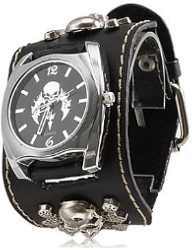 fenkoo Unisex Punk Stil Totenkopf Muster Schwarz PU-Band Quarz-Armbanduhr