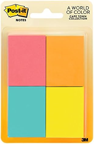 Post-itNotes, 1.5 in x 2 in, Blue, Pink, Yellow 50feuilles Cape Town Collection, 4 Pads/Pack – Post-it (1.5 in x 2 in, Cape Town, 4 Pads/Pack, 15 mm, 20 mm, 50 Sheets)