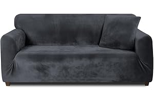 Teynewer Thick Velvet Sofa Covers 1 2 3 4 Seater High Stretch Non-Slip Couch Cover Furniture Protector Plush Sofa Slipcovers with 1 pillowcase for Living Room Dogs Cat Pet (2 Seater, Dark Grey)