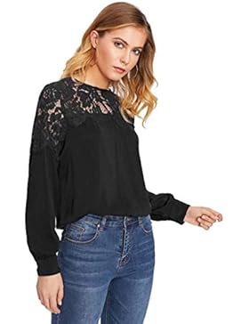 ROMWE Damen Elegant Bluse mit Blumenmuster-Spitze Langarm Shirt Oberteil