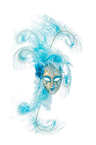 Masque Vénitien Classique Avec Visage Peint À La Main Avec Finitions Colorées et Paillettes Bleu ciel Avec Authentiques Plumes Et Lacet en Soie - Made In Italy