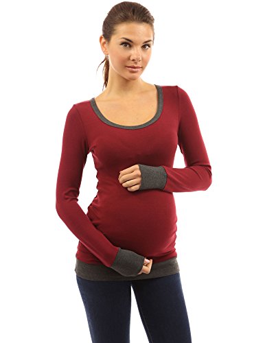 PattyBoutik Mama Trim Scoop Neck Maternity Tunic Top (Burgundy with Grey 14)