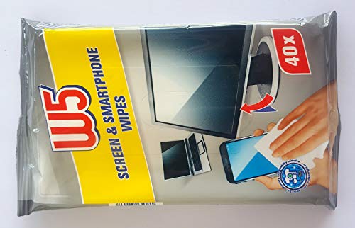 Screen Clean Wipes W5 Suitable to Clean Computer Screens, Monitors, TV Television LCD, TFT, LED, Plasma - 1 Pack x 40 Wipes
