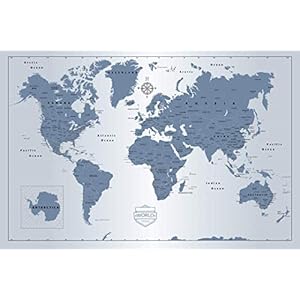Emmel Premium World Travel Push Pin Map with Pins Ice Blue Style and Framed - Track Your Adventures with a Premium Pinable Canvas and Cork Map