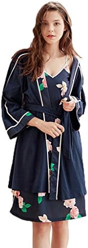 Nightshirts UOMUN Women Nightdress Floral Print Blue Cotton Sling Dress Long Sleeve 2 Pieces Short Skirt Tracksuit Plus Size (Size : XL)
