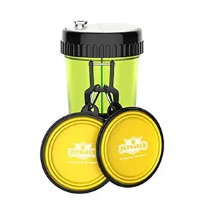 3-In-1 Travel Pet Feeding Containers-Complete 5-PC Set of 2 Collapsible Bowls, 1 Dual Sided Bottle for Food and Water, 2 Carabiner Clips by Petmaker