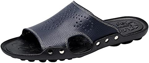 Yirenhuang Men's Genuine Leather Hollow-Out Sandals Anti-Slip Shower Slippers Pool Sliders Navy SN01024 UK10