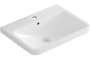 Robanmoa 600mm Bathroom Sink Inset Basin Cloakroom Basin, Rectangular Mid-Edge Basin, Single Tap Hole Overflow Vessel Sink Inset Wash Basin Bowl Ceramic Sink for Bathrooms