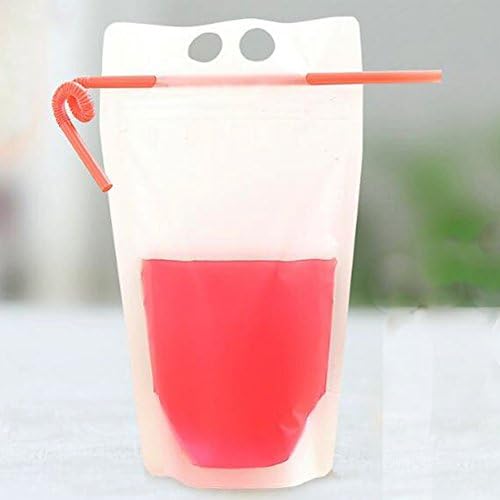 50 Pack Clear Drink Plastic Pouches Bags, Stand-up Hand-held Translucent frosted Reclosable Zipper, Heavy Duty Heat-proof Drinking Bags with 1.5" Bottom Gusset
