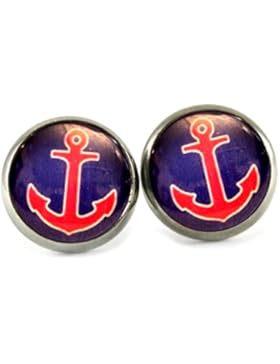 Katharina Fairytale Damen Mädchen Ohrstecker Anker Rockabilly Motiv blau rot Cabochon 12mm silber