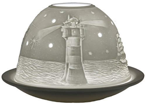 Himmlische Düfte Geschenkartikel DL0107 Segelschiff und Leuchtturm / Sailboot and Lighthouse Windlicht Porzellan 12 x 12 x 8 cm, weiß