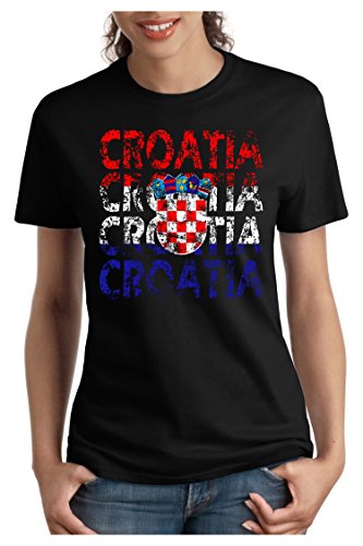 OM3 – CROATIA – Damen T-Shirt tailliert – HRVATSKA EM 2016 FRANKREICH FRANCE FUSSBALL FANSHIRT SOCCER SPORT TRIKOT EUROPAMEISTER, S, schwarz