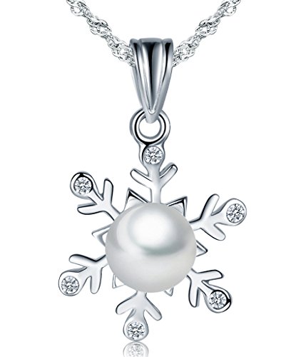 Unendlich U Unique Damen Halskette Schneeflocke 7mm Perle Anhänger 925 Sterling Silber Perlenkette