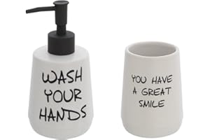 INBAGNO Set Dispenser Sapone Liquido e portaspazzolino in Ceramica Bianca con Stampe a Contrasto Moderno