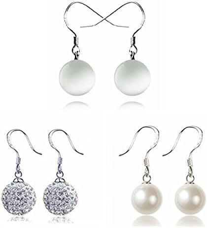 Besflily 3 Pairs 8MM Dangle Drop Earrings Set, Stylish Crystal Ball, Synthetic Cat Eye Stone Ball, Faux Pearl Dangle Earrings