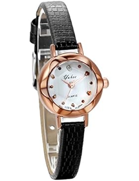 JewelryWe Damen Armbanduhr, Elegant Leder Band Quarz Analog Uhr mit Einzigartig Facettiert Glasspiegel, Schwarz