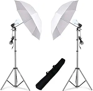 HIFFIN E27 Studio Single Holder Umbrella Lighting Kit for Photography Umbrella White + Studio Light Stand 9 FT + Umbrella and Bulb Holder KIT Set of 2 Daylight Umbrella Continuous Lighting, Professional Lighting for Video (2 E27 LED Bulb Included)