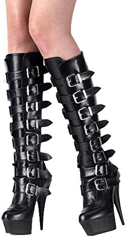 Women Long Boots knight Model Buckle Leather Super High heels Nightclub Pole Dance Performance Shoes , black2 , 45