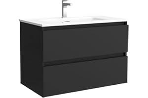 Salgar Mueble de baño Bequia 80 cm 100% montado de fábrica | Acabado Negro Mate suspendido 2 cajones Cierre amortiguado Apertura con uñero | Lavabo Porcelana Blanca | Marca