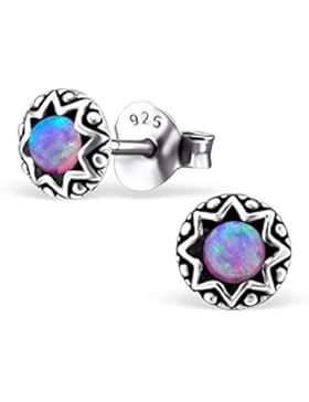 SILV 925 Silber Ohrstecker Opal blau weiß rot pink grün Ø5mm oxidiert - Stern Ohrringe Stecker synth. Opal Kugel...