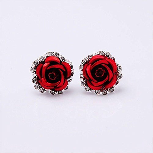 JaneDream Womens Delicate Rose Flower Rhinestone Ear Stud Earrings Red