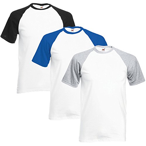Fruit of the Loom Uomo Pack of 3 Baseball T-Shirt X-Large Bianco/Nero, Bianco/Azzurro Reale, Bianco/Grigio Melange