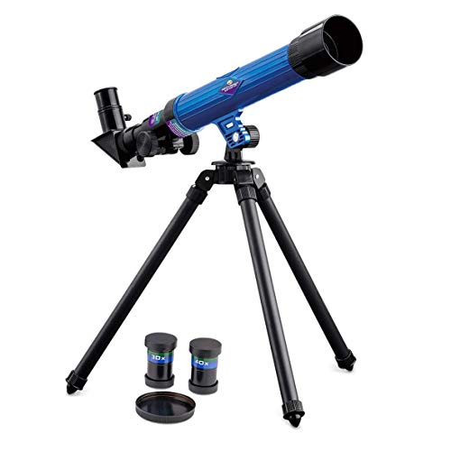 GLOW Telescope for Kids – Blue Mini Tripod Science Learning Sky Space Stars Moon Planet Exploration Toy Gift with Up to 40x Magnification, Lens and Eyepiece Covers, Focus and Viewing Angle Adjuster