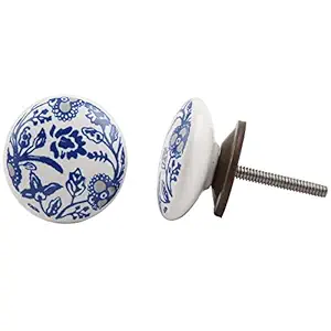 2 Pieces Cabinet Knobs | Ceramic Bathroom Knobs for Cabinets | Blue Drawer Pulls for Cabinets | Leaf Flat Door Handles for Wardrobe | 3.81 cm Knobs