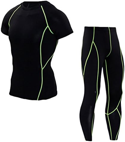 YiJee Mens Quick Dry Compression Base Layer Tight T-Shirt and Elastic Fitness Pants Green 2XL