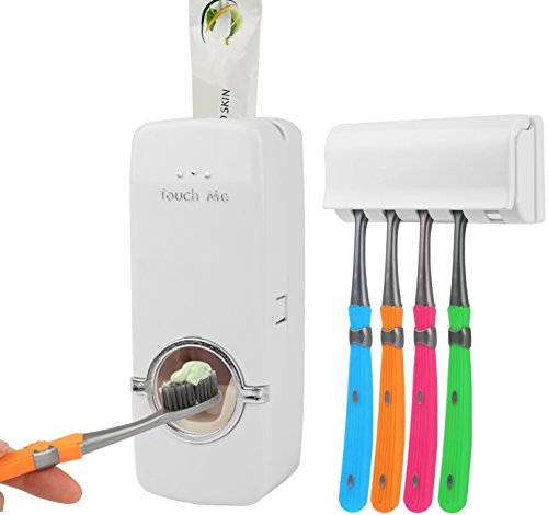 iMounTEK vivavoce automatico di dentifricio e spazzolino Holder set W/Sticky ventosa di montaggio a parete. Facile installazione, One Touch spremi, contiene 5 spazzole. Per famiglia doccia lavabo