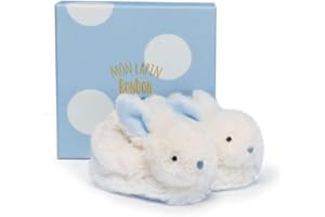 Doudou et Compagnie - Coffret Chaussons avec Hochet - Lapin Bonbon - Boite Cadeau - Bleu - De 0 à 6 Mois - Doux et Chaud - Idée Cadeau Naissance Garçon - DC1309