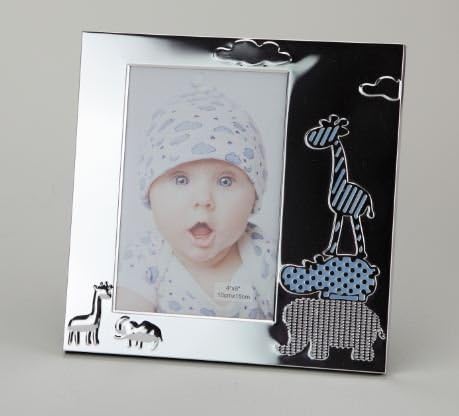 Cute Picture Frame with Adorable Blue Elephant, Giraffe and Hippo animals. Ideal Gift present for Newborns or Grandparents. Makes a lovely edition to any home, living room, kitchen or nursery. (Silver, 6x4)