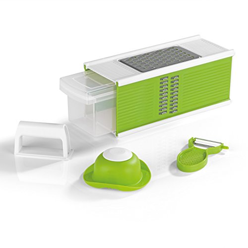 Vierkantreibe – Hochwertige Würfelreibe mit praktischer Auffangschale + Sparschäler und Schutzgriff ( 4 Seiten mit unterschiedlichen Klingen & Hobel ) - 3